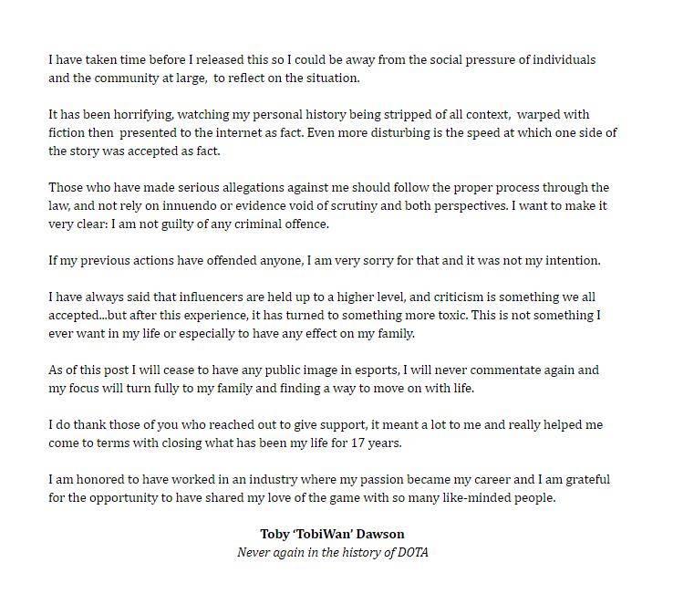 TobiWan宣布退出电竞：Dota与我无关