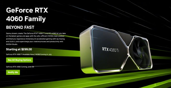 英伟达宣布RTX4060显卡6月29日推出 国行2399元起