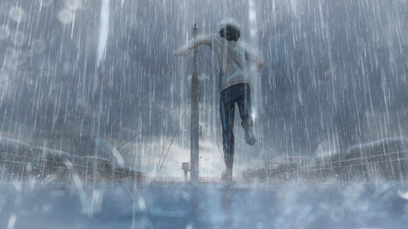 这一幕中帆高在倾盆大雨中向画面深处奔跑的场景,光