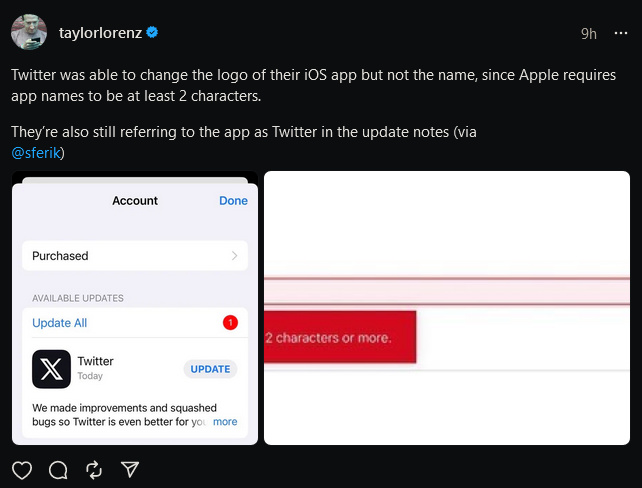 推特无法在苹果应用商店改名为 X：命名至少需 2 个字母